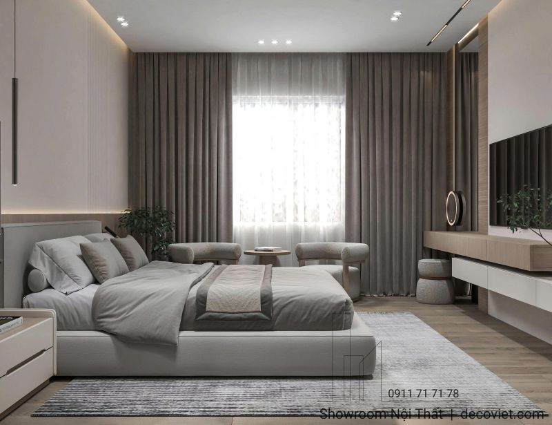 Thiết kế mẫu phòng ngũ tinh tế kèm với góc ngồi đọc sách thư giãn tiện nghi