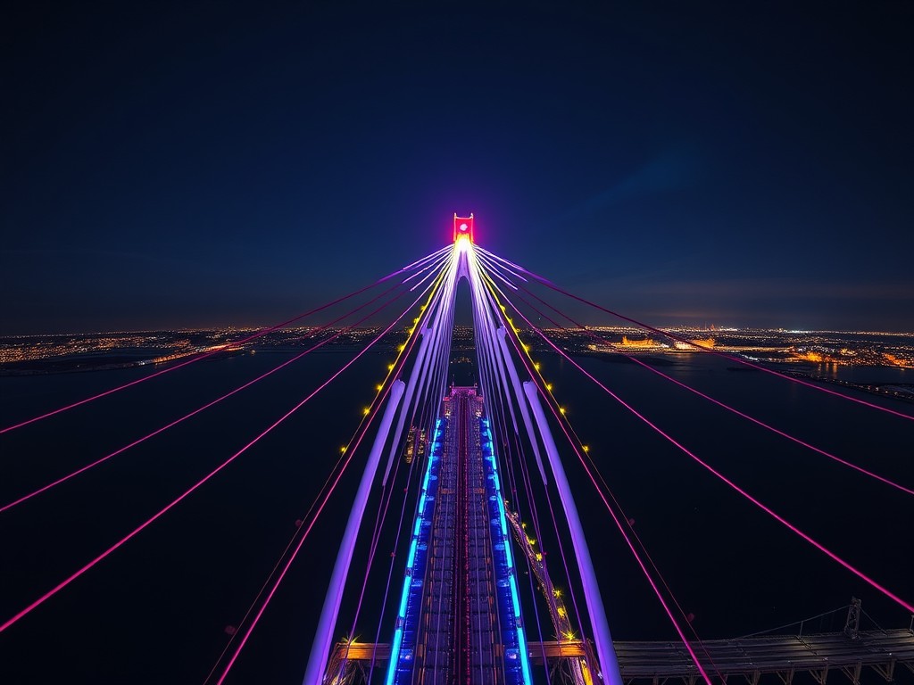 Minh họa ánh sáng lan tỏa từ đèn LED trên đỉnh cầu hoặc khu vực rộng.