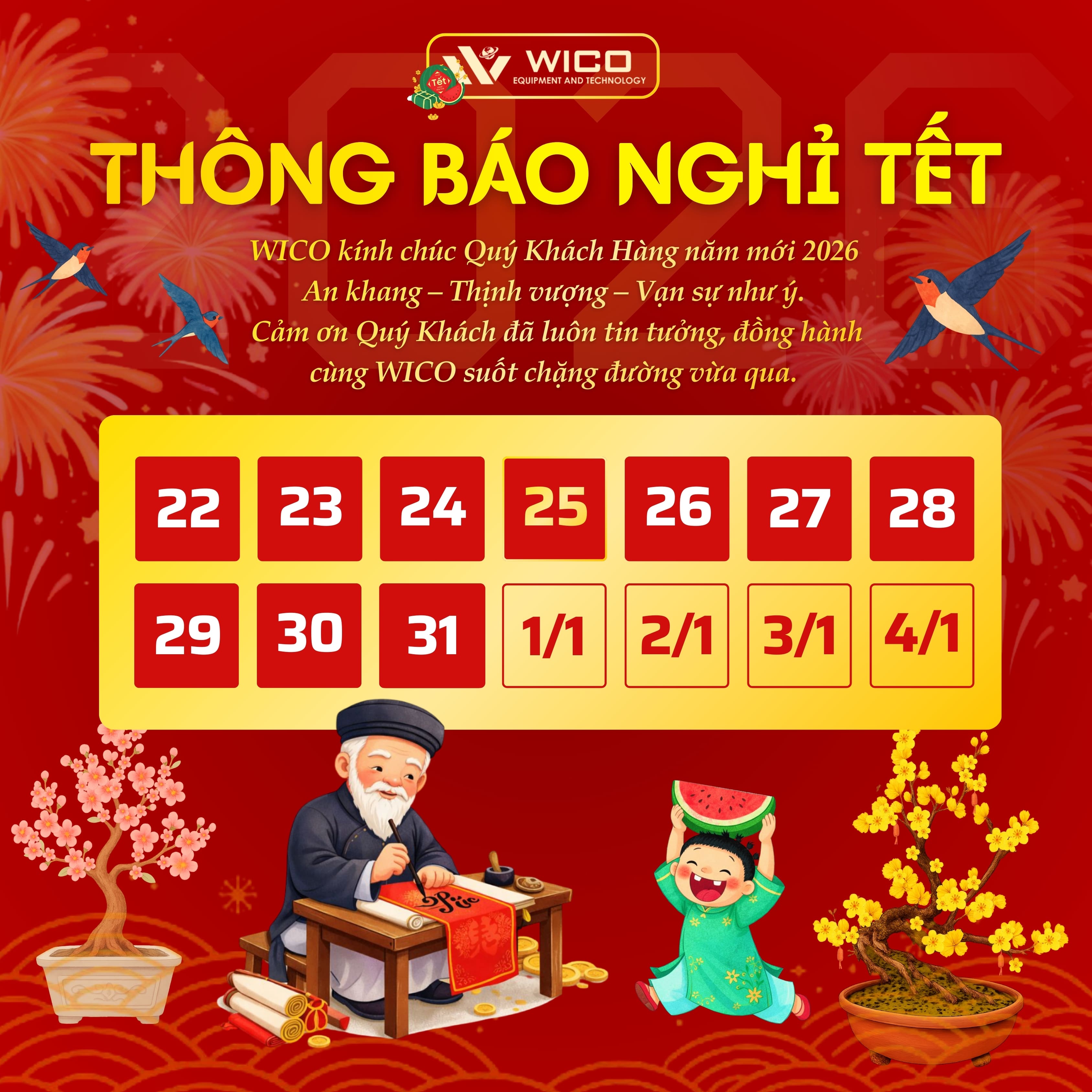 WICO - Thông Báo Lịch Nghỉ Tết Dương Lịch 2026