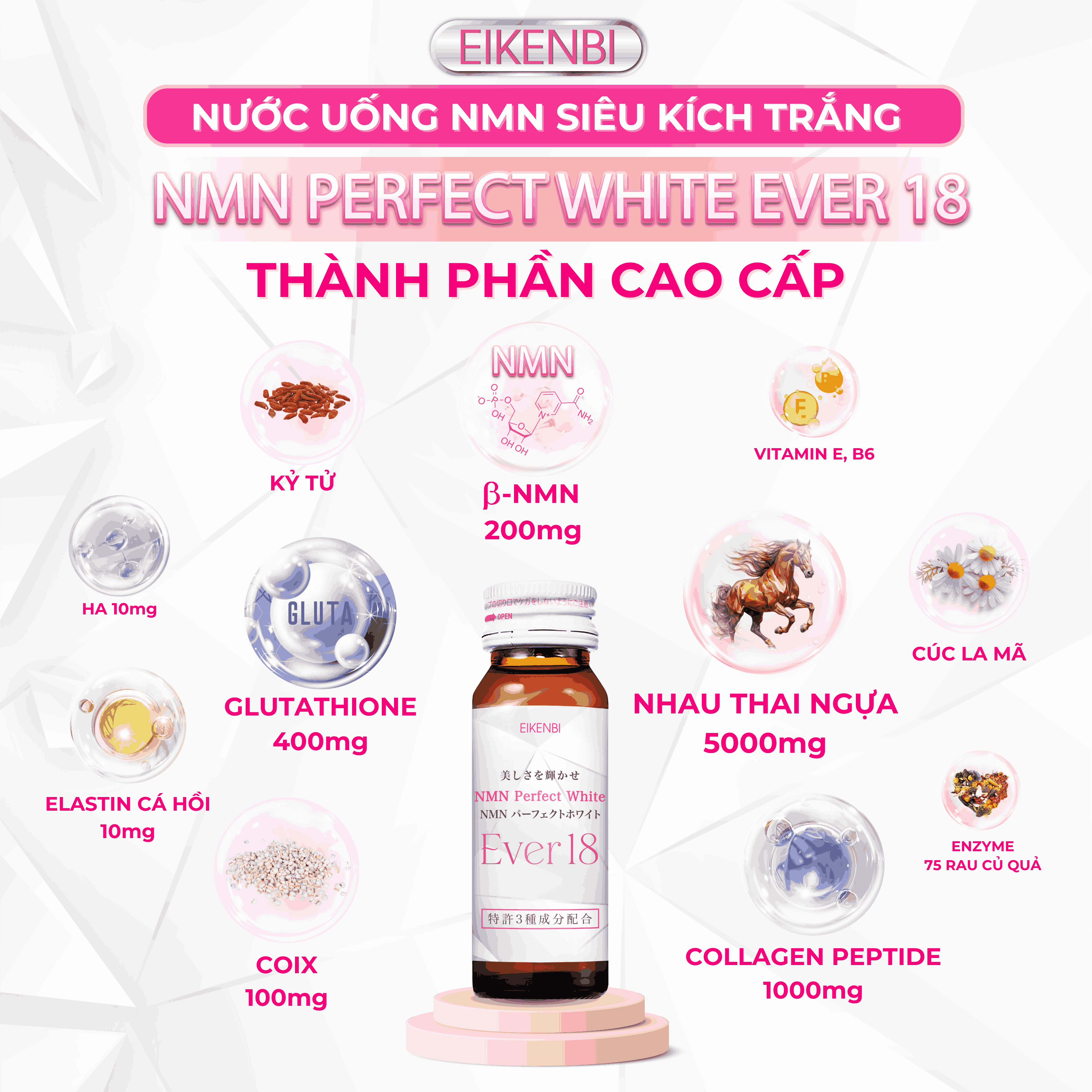 Thành Phần Nước Uống Siêu Kích Trắng NMN Perfect White Ever 18 Eikenbi