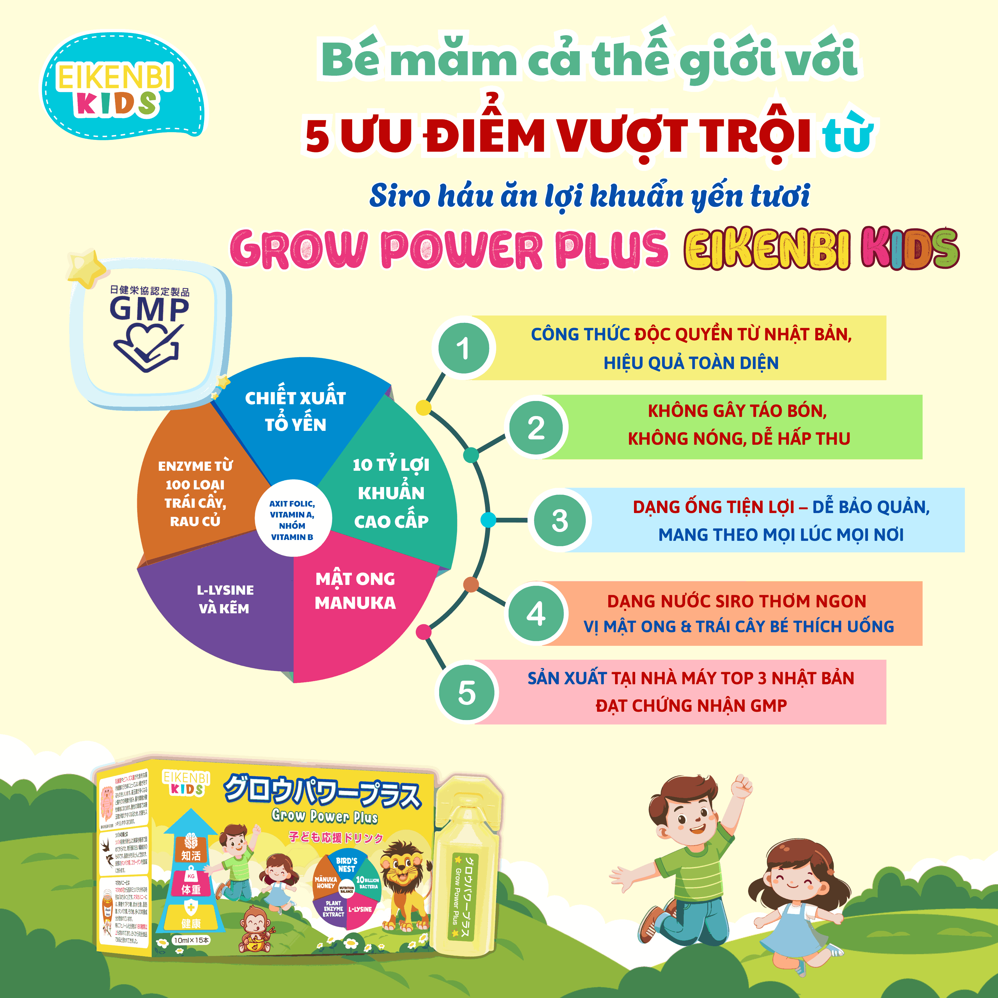 Ưu Điểm Sản Phẩm Siro Háu Ăn Lợi Khuẩn Yến Tươi Grow Power Plus Eikenbi Kids