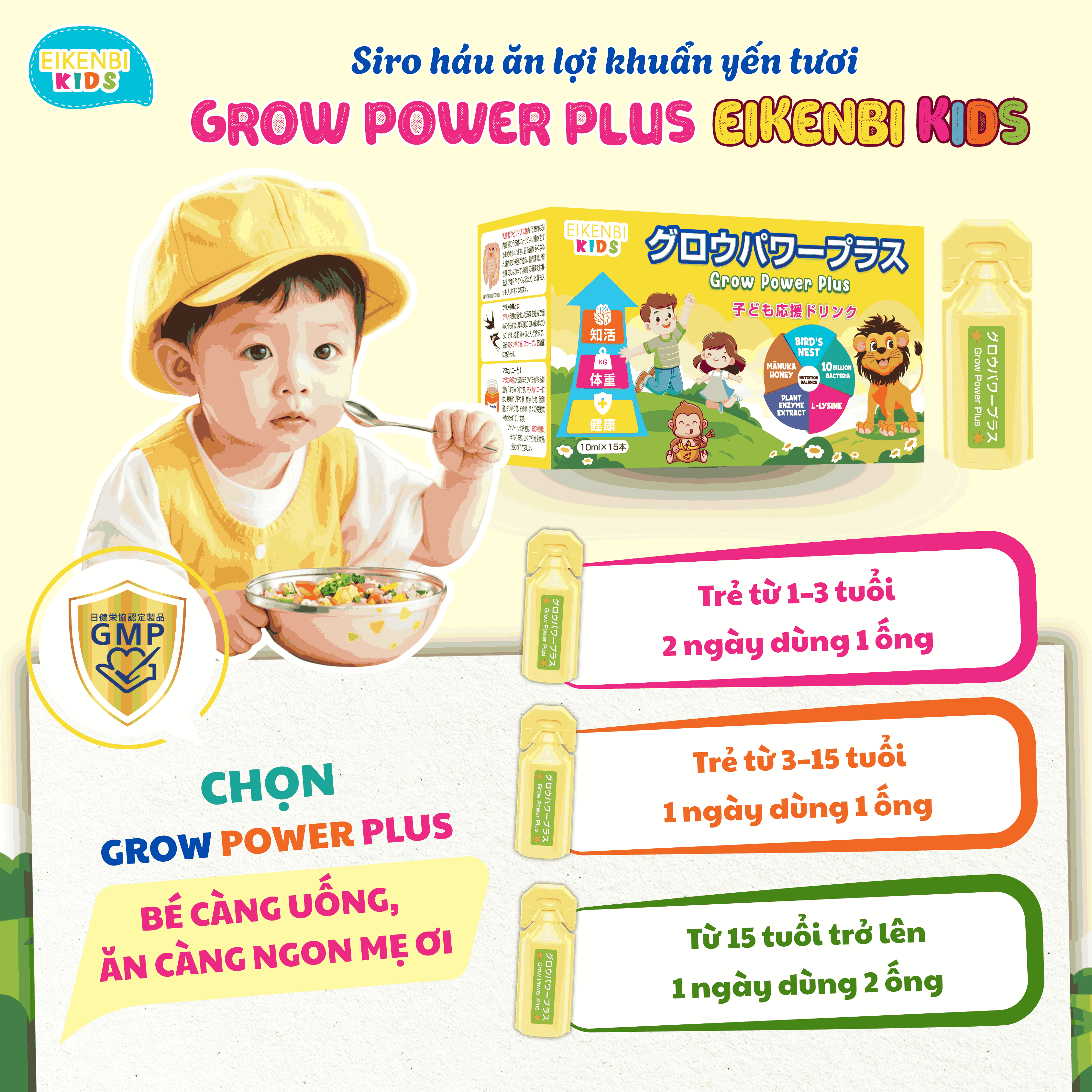 Hướng Dẫn Sử Dụng Sản Phẩm Siro Háu Ăn Lợi Khuẩn Yến Tươi Grow Power Plus Eikenbi Kids