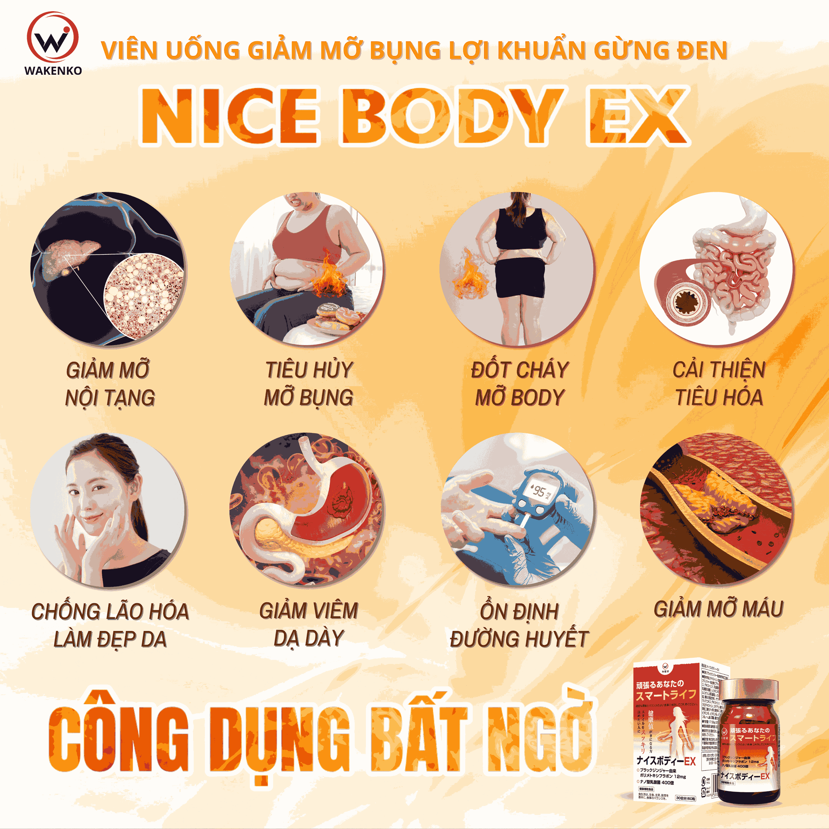 Công Dụng Viên Uống Giảm Mỡ Bụng Lợi Khuẩn Vừng Đen Nice Body Wakenko
