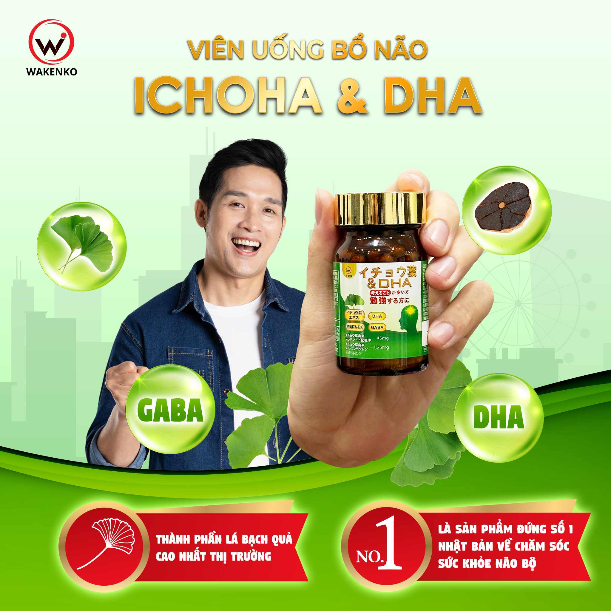 Viên Uống Tiền Đình Bổ Não Cao Cấp DHA + ICHOHA Wakenko