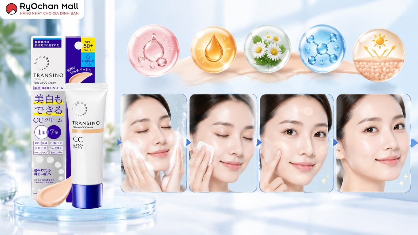 Hướng dẫn sử dụng kem nền chống nắng Transino Tone Up CC Cream
