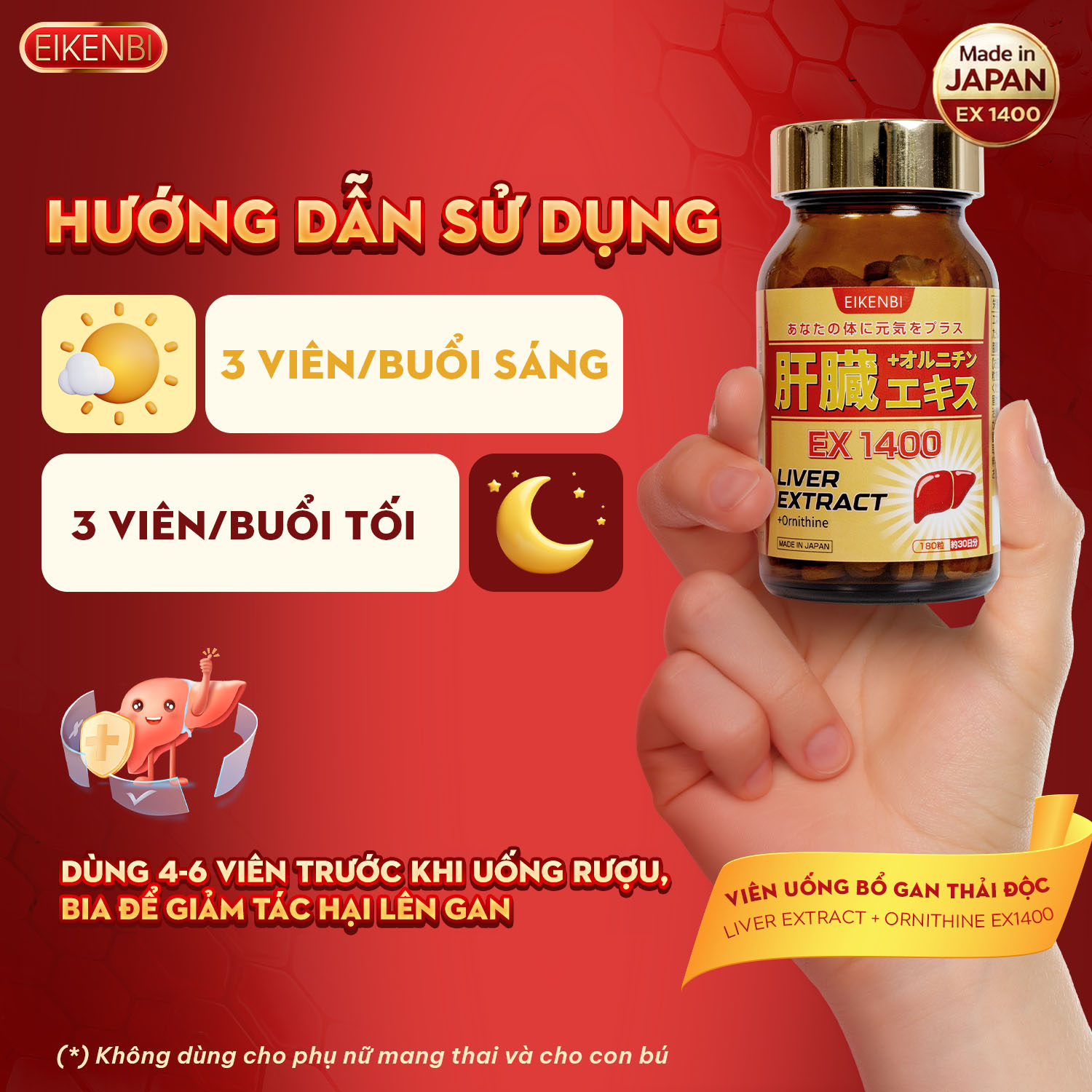 Hướng Dẫn Sử Dụng Viên Uống Bổ Gan Thải Độc Liver Extract+ Ornithine Ex1400 Eikenbi