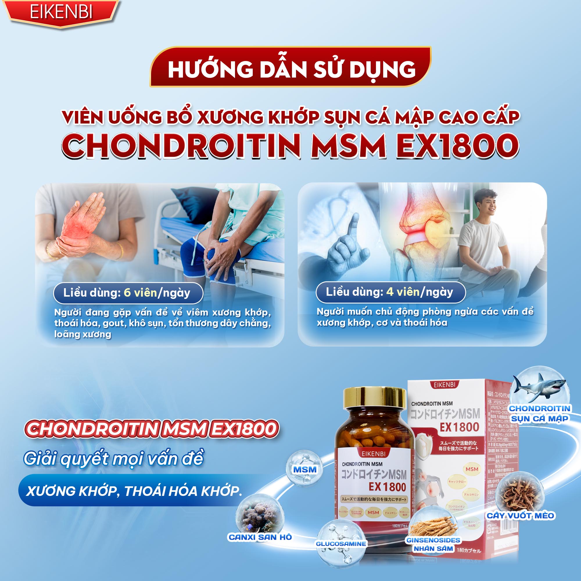 Hướng Dẫn Sử Dụng Viên Uống Bổ Xương Khớp Chondroitin MSM 1800 Eikenbi