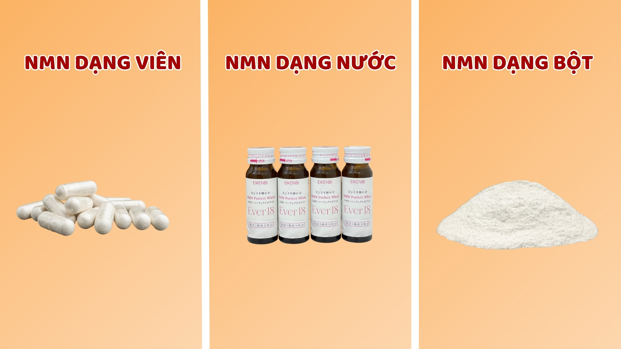 So sánh NMN dạng viên, dạng bột và dạng nước