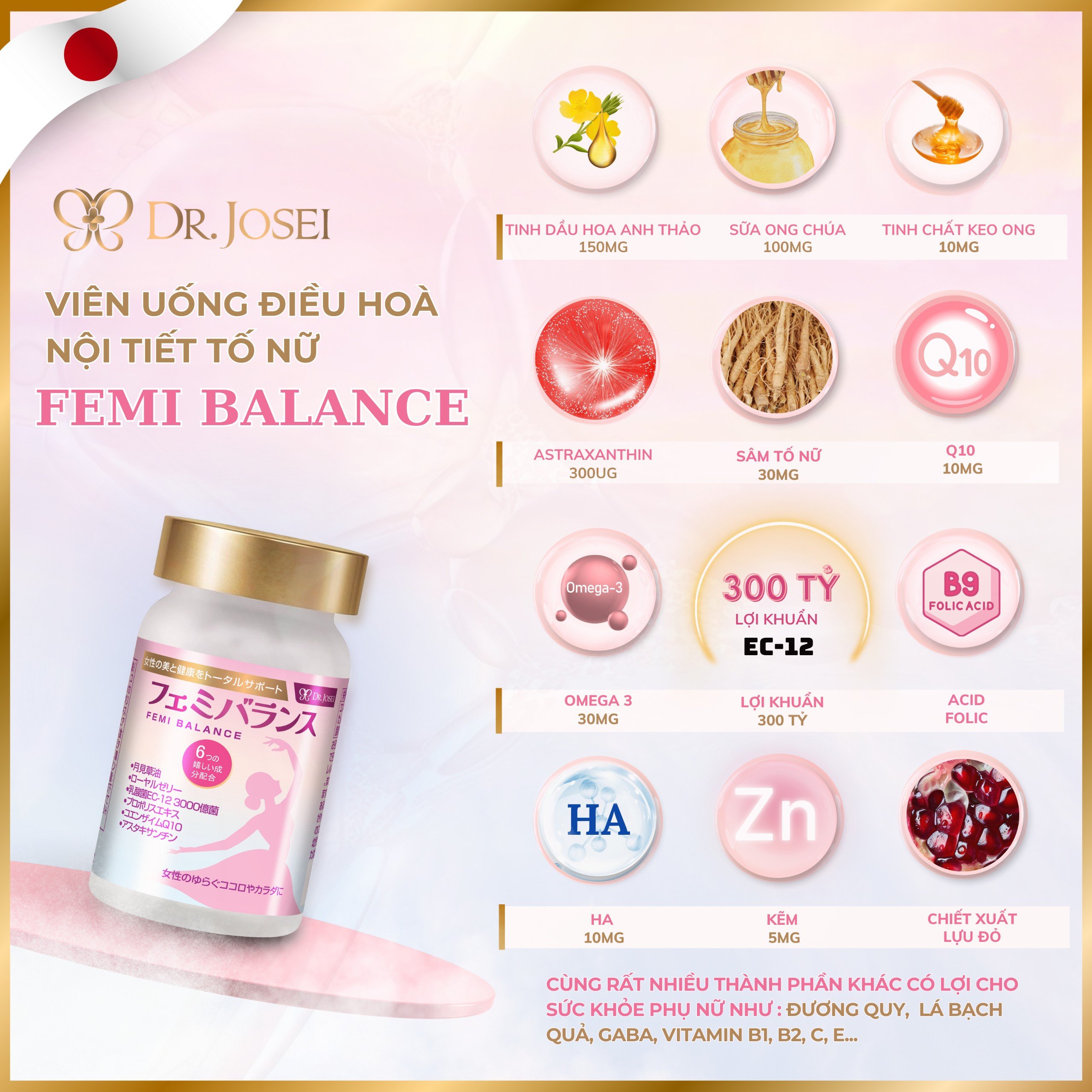 Thành Phần Viên Uống Điều Hoà Nội Tiết Tố Nữ Femi Balance Dr. Josei