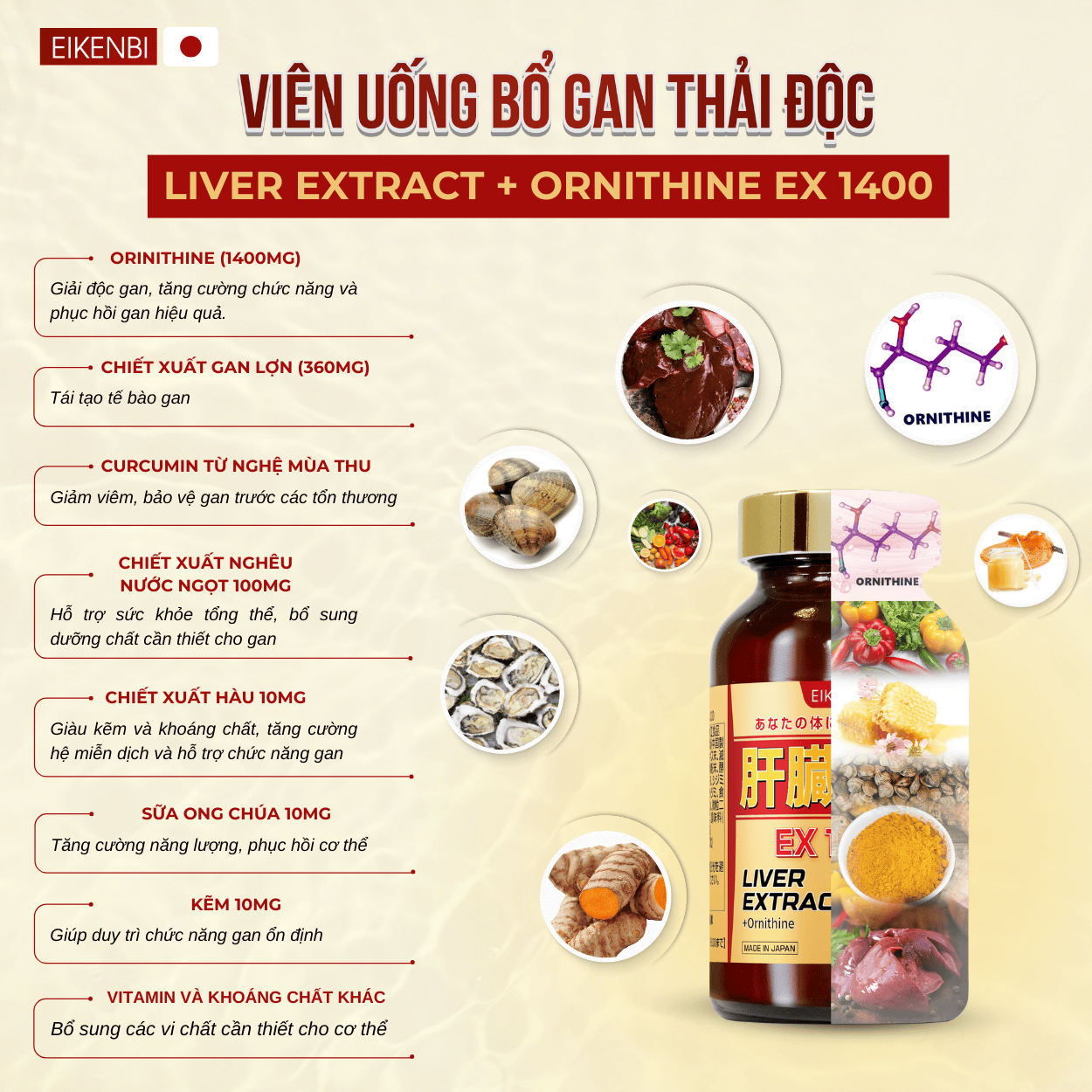 Thành phần Của Viên Uống Bổ Gan Thải Độc Liver Extract+ Orithine Ex1400 Eikenbi