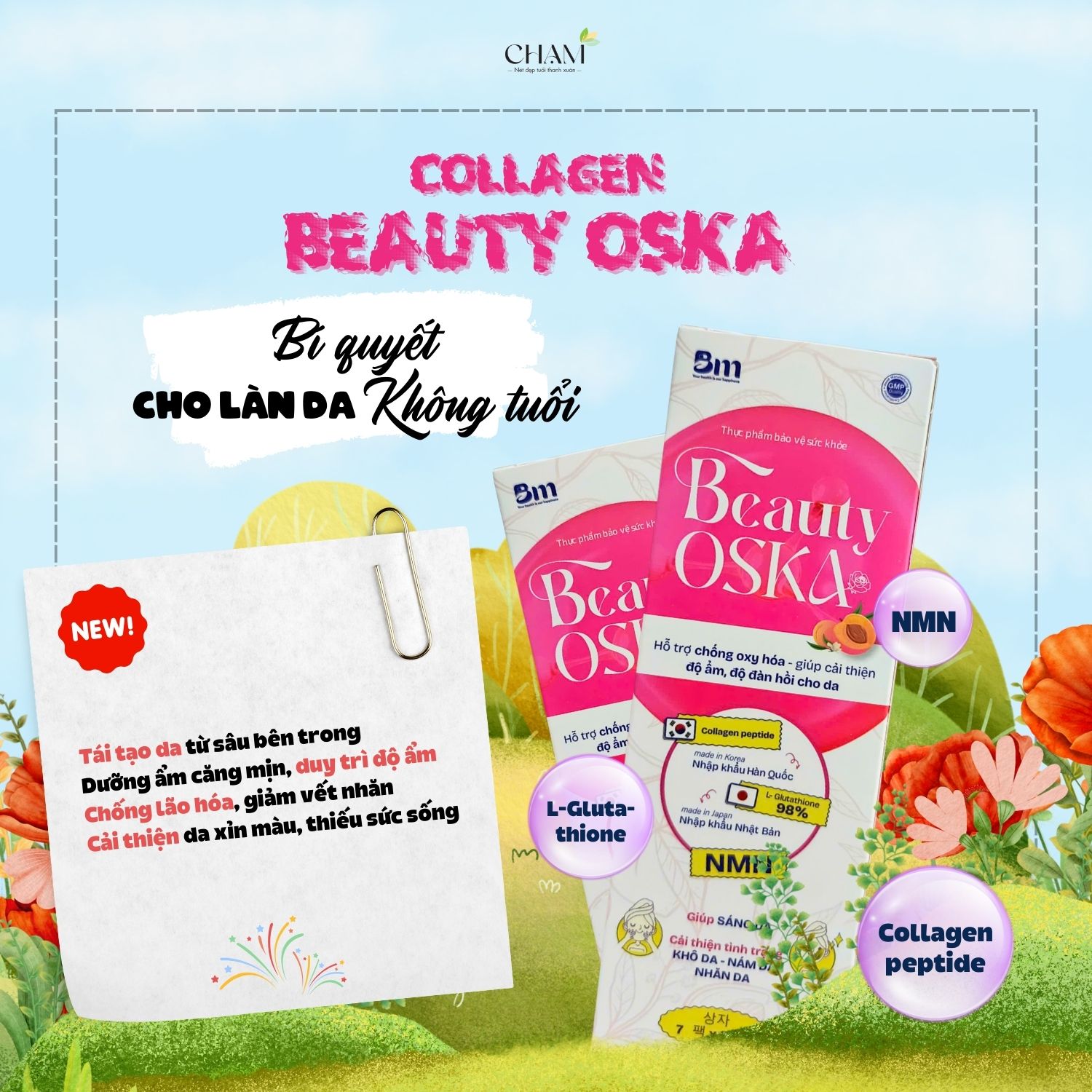 Collagen Beauty Oska CHẠM là công thức hoàn hảo hỗ trợ quá trình chống oxy hóa và làm đẹp da.