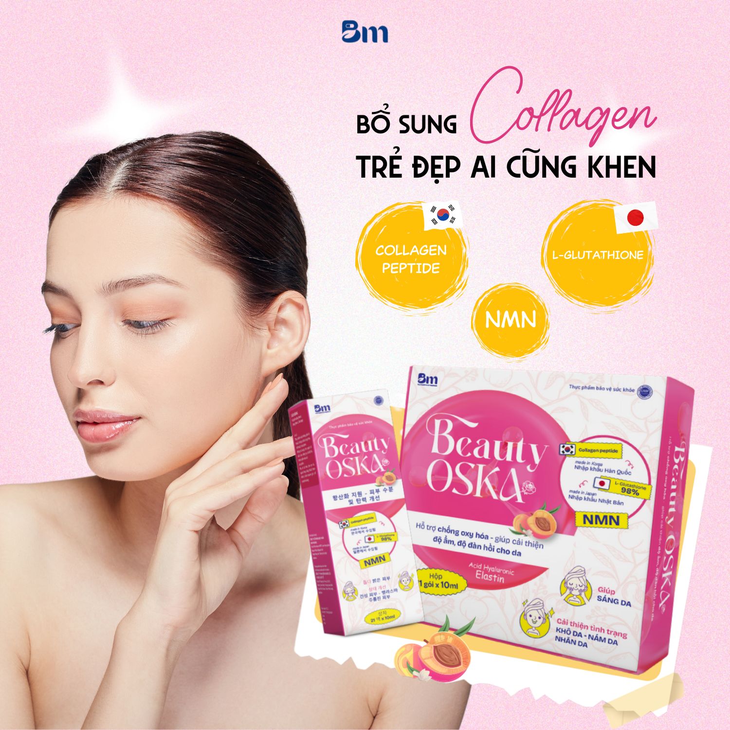 Collagen Beauty Oska giúp tăng cường độ ẩm, cải thiện độ đàn hồi, làm căng mịn làn da.