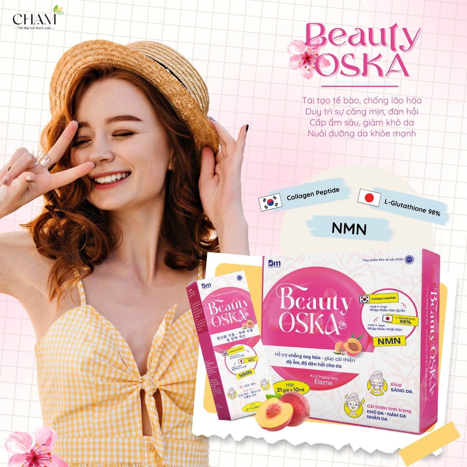 Collagen Oska Diamond không chỉ giúp cải thiện các dấu hiệu lão hóa da như nếp nhăn, khô da, nám da mà còn hỗ trợ chống oxy hóa, giúp da sáng khỏe và đẹp tự nhiên