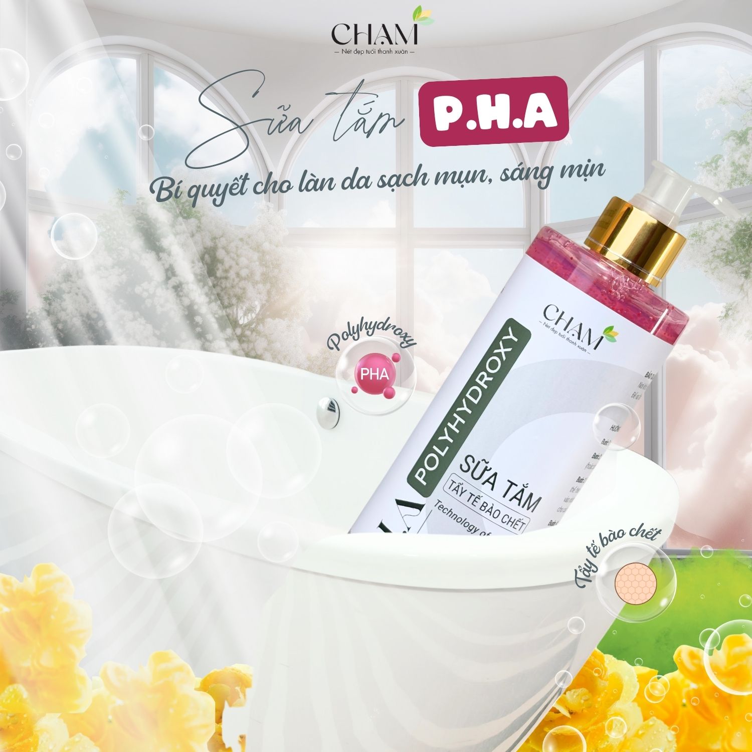 Sữa tắm tẩy tế bào chết P.H.A thương hiệu CHẠM - một giải pháp hiệu quả để “đánh bay” mụn lưng.