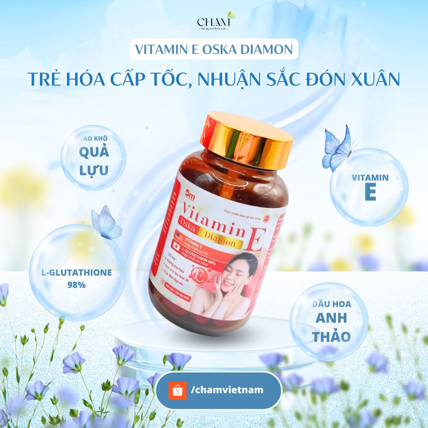 Vitamin E Oska Diamon giúp chống oxy hóa, giúp da căng bóng, giảm nếp nhăn.