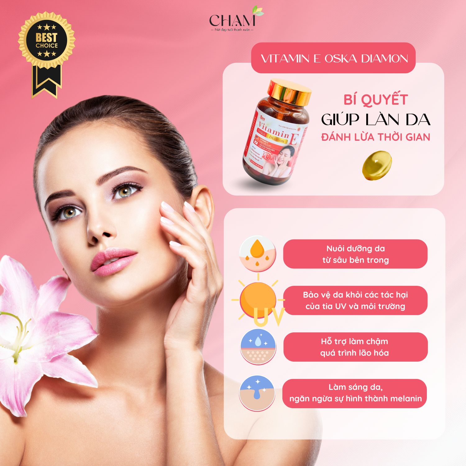 Vitamin E Oska Diamond từ thương hiệu CHẠM là sự lựa chọn hoàn hảo cho những ai muốn bổ sung vitamin E một cách an toàn và hiệu quả