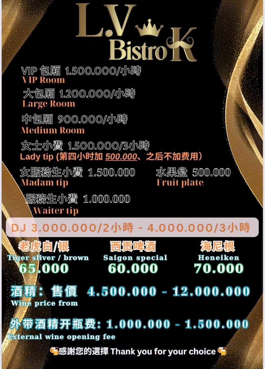 Menu Giờ Hát VIP Karaoke L.V BISTRO 214 Lê Hồng Phong Quận 5