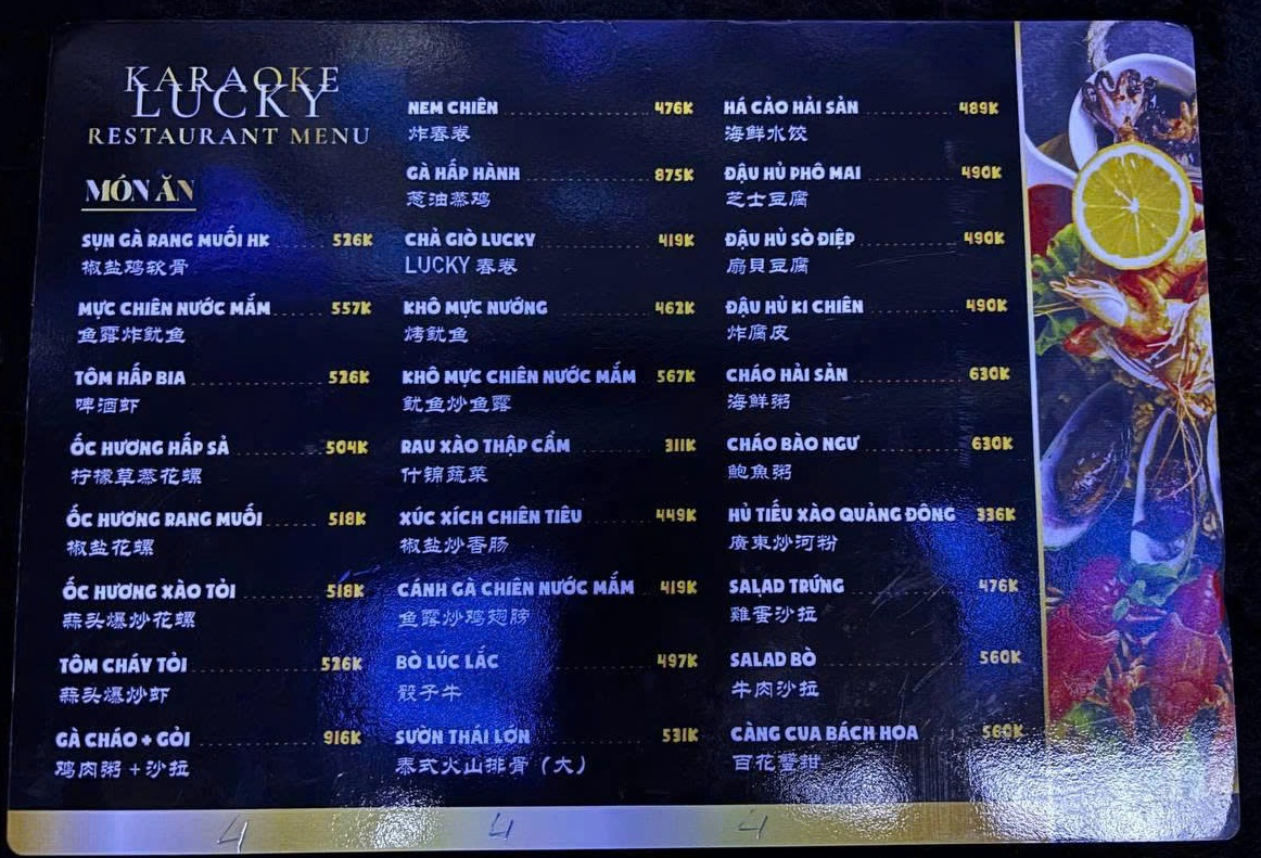 Thực Đơn Menu Karaoke Lucky 2000 Chợ Lớn