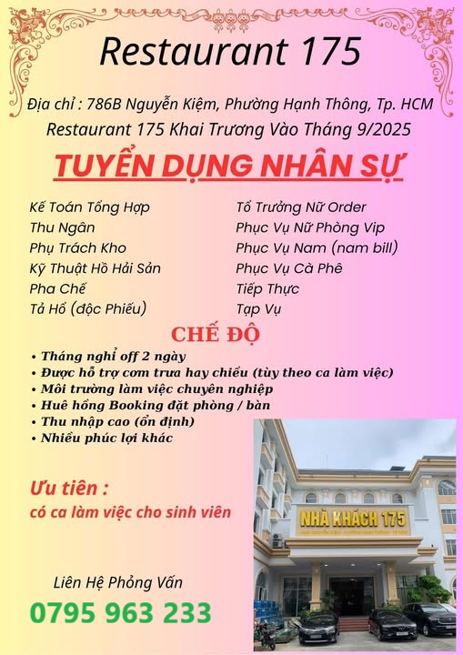 Tuyển Dụng Nhà Hàng 175 Restaurant 786B Nguyễn Kiệm Quận Gò Vấp