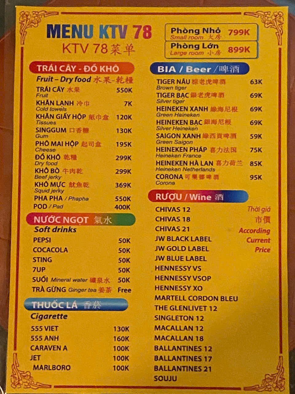 Bảng Giá Menu Karaoke Night Star 78 Nam Kỳ Khởi Nghĩa Quận 3