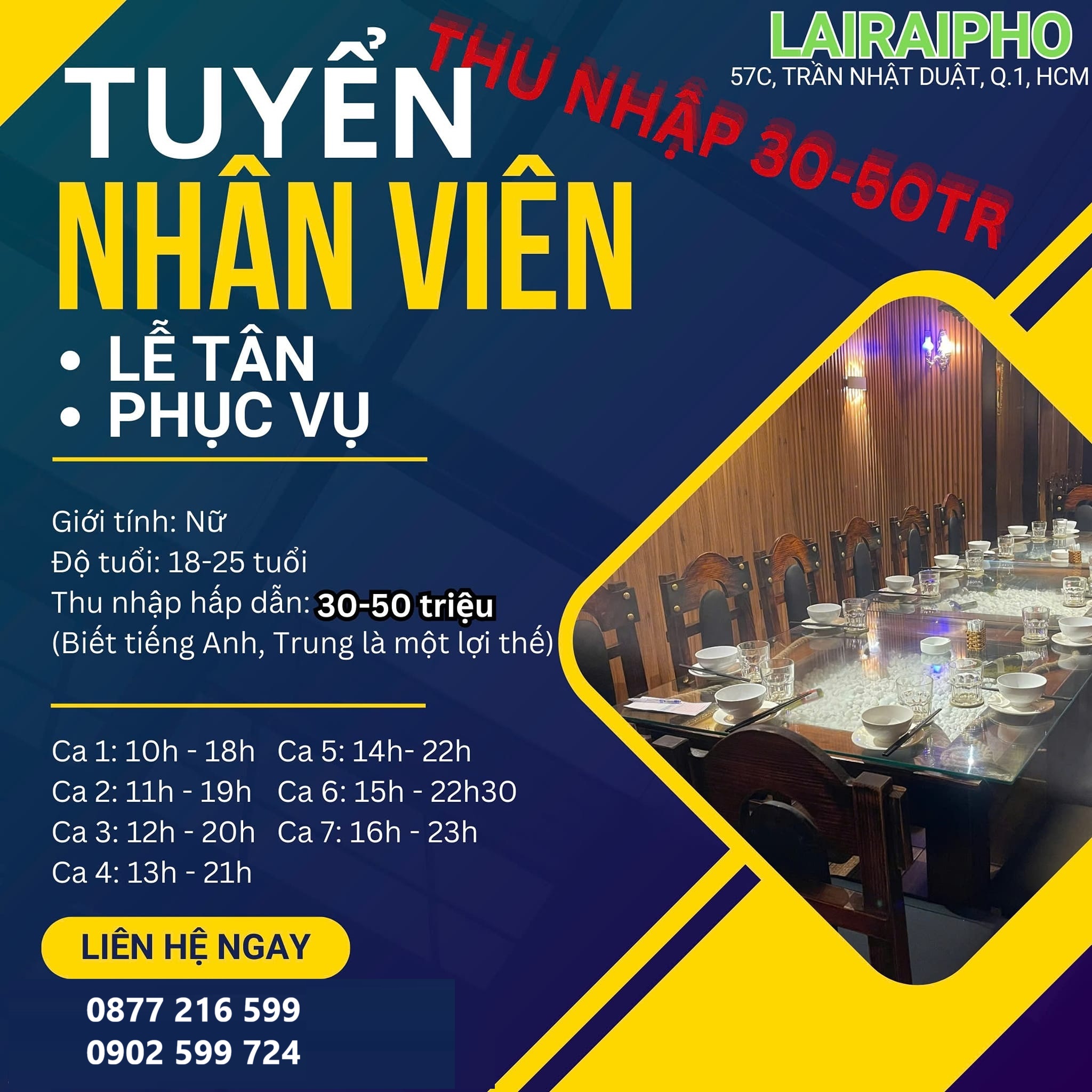 Tuyển Nhân Viên Nhà Hàng Lai Rai Phố 57C Trần Nhật Duật, Quận 1