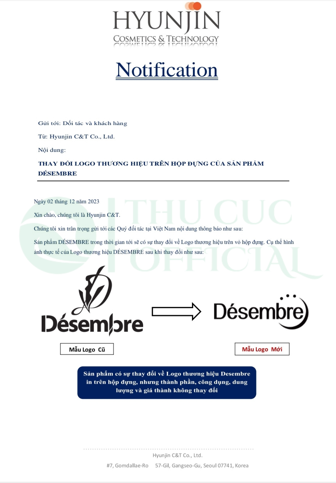 Chi tiết thông báo đổi Logo của Desembre