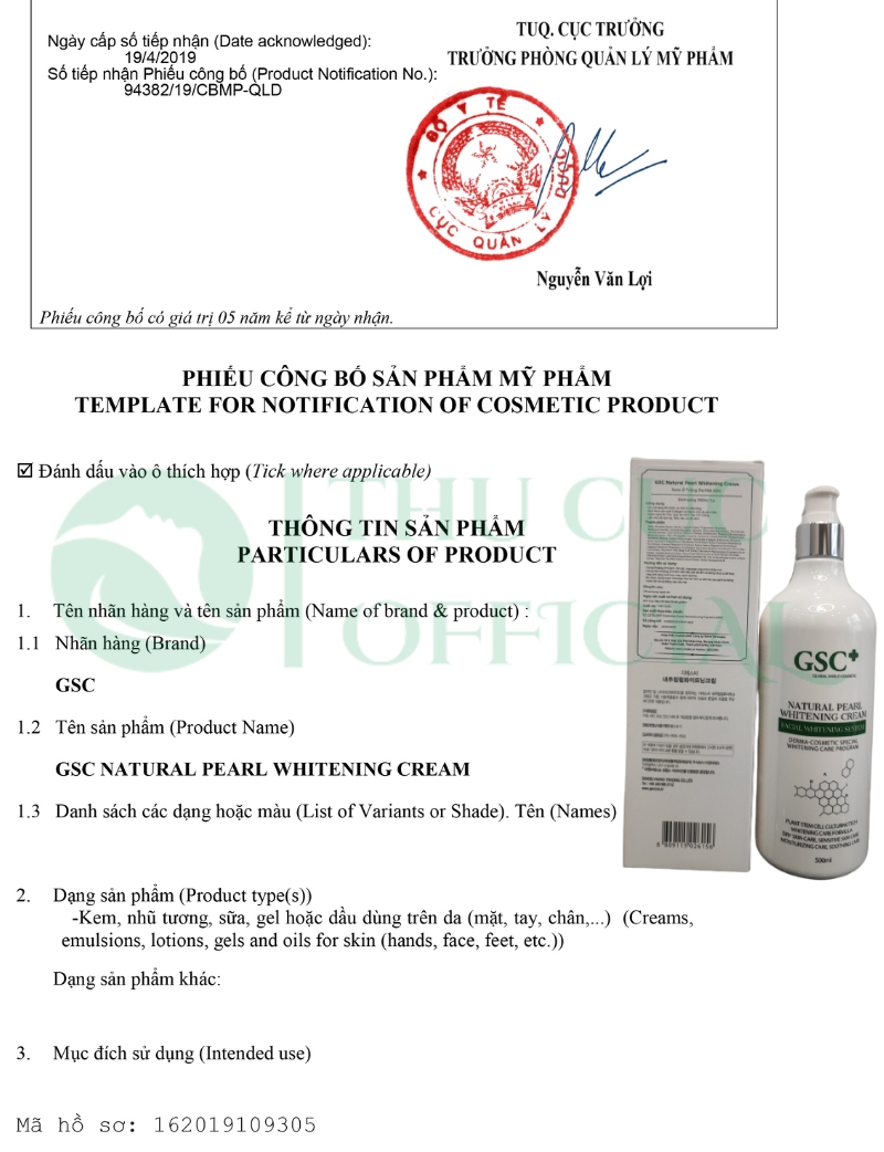 Công bố mỹ phẩm của kem ủ trắng mặt GSC+