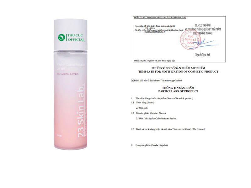 Công bố mỹ phẩm của Lotion 23 Skinlab