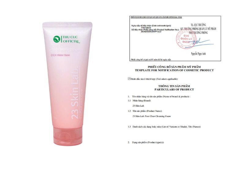 Công bố mỹ phẩm của sữa rửa mặt 23 Skinlab