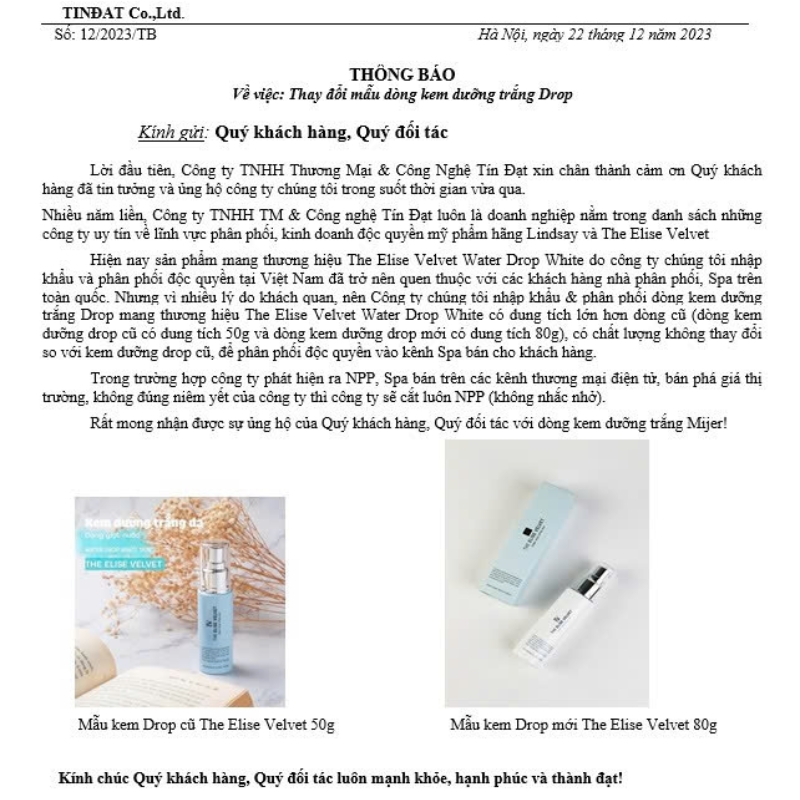 Thông báo đổi mẫu kem giọt nước Lindsay