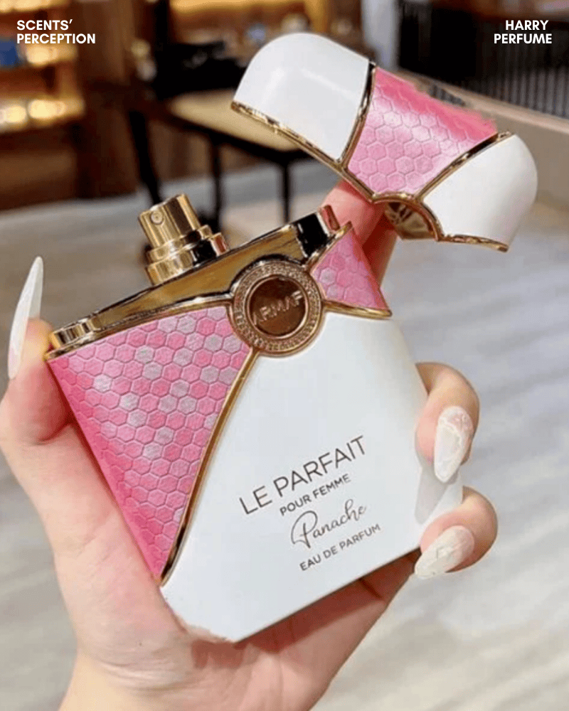 Thiết kế chai trắng hồng nữ tính, dáng trụ thon gọn, điểm nhấn kim loại sang trọng, phản ánh Armaf