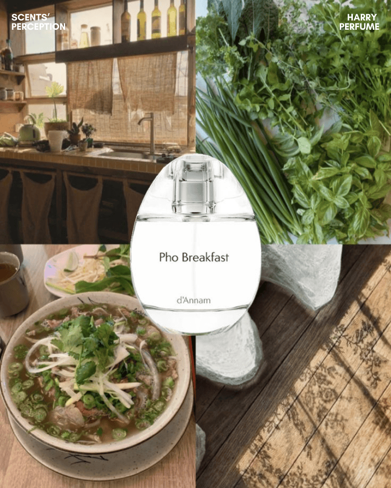 Pho Breakfast EDP gợi buổi sáng phở Việt với thảo mộc tươi, gia vị ấm và nền gỗ trầm tinh tế