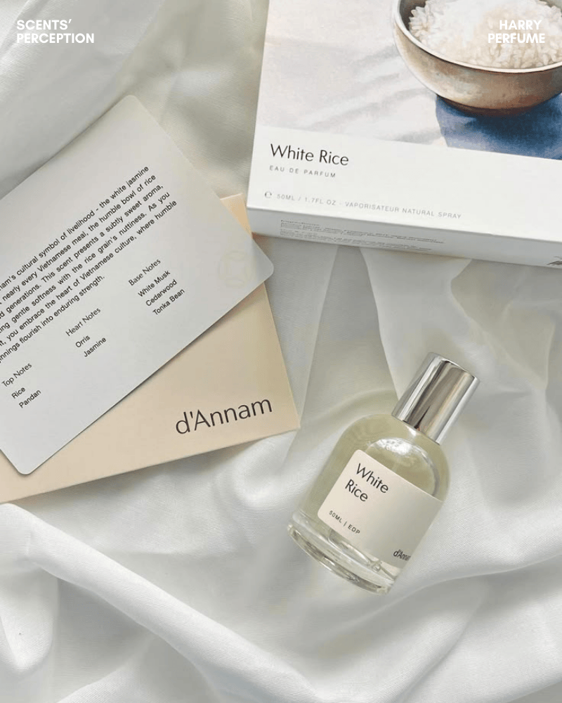 d'Annam White Rice EDP có thiết kế tối giản, chai thủy tinh trong suốt, dung dịch trắng sữa, nắp bo tròn thanh lịch