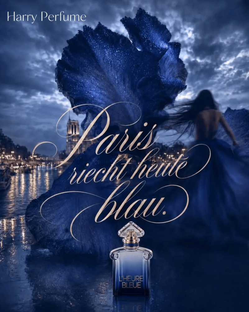 Drydown L’Heure Bleue nổi bật với iris violet phấn mịn, hòa vanilla, benzoin, tonka ấm, tạo cảm giác creamy amber.