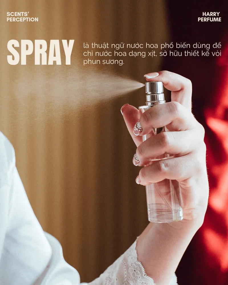 Spray là thuật ngữ nước hoa phổ biến dùng để chỉ nước hoa dạng xịt, sở hữu thiết kế vòi phun sương - kiểu dáng phổ biến và tiện dụng nhất hiện nay.