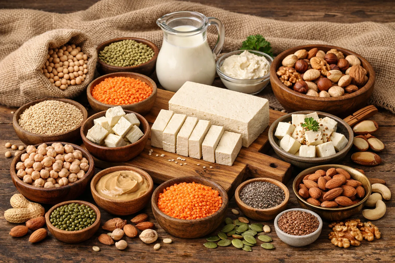 Đậu phụ, đậu nành, đậu lăng, đậu gà, các loại hạt giàu protein cho người ăn chay