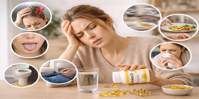 Quá nhiều Vitamin D có thể gây đau đầu, chóng mặt, chán ăn, khô miệng, chuột rút, táo bón, buồn nôn ,... Quá nhiều Vitamin D có thể gây đau đầu, chóng mặt, chán ăn, khô miệng, chuột rút, táo bón, buồn nôn ,...