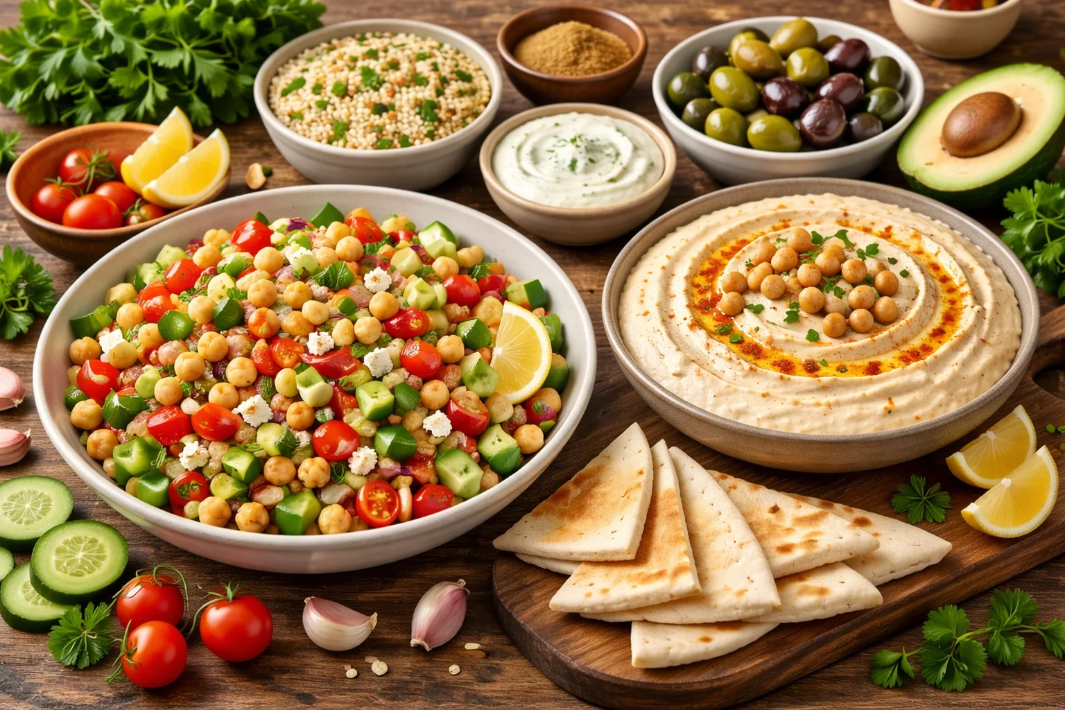 Salad đậu gà và hummus lầ một trong những lực chọn dinh dưỡng cho người ăn muốn đủ chất