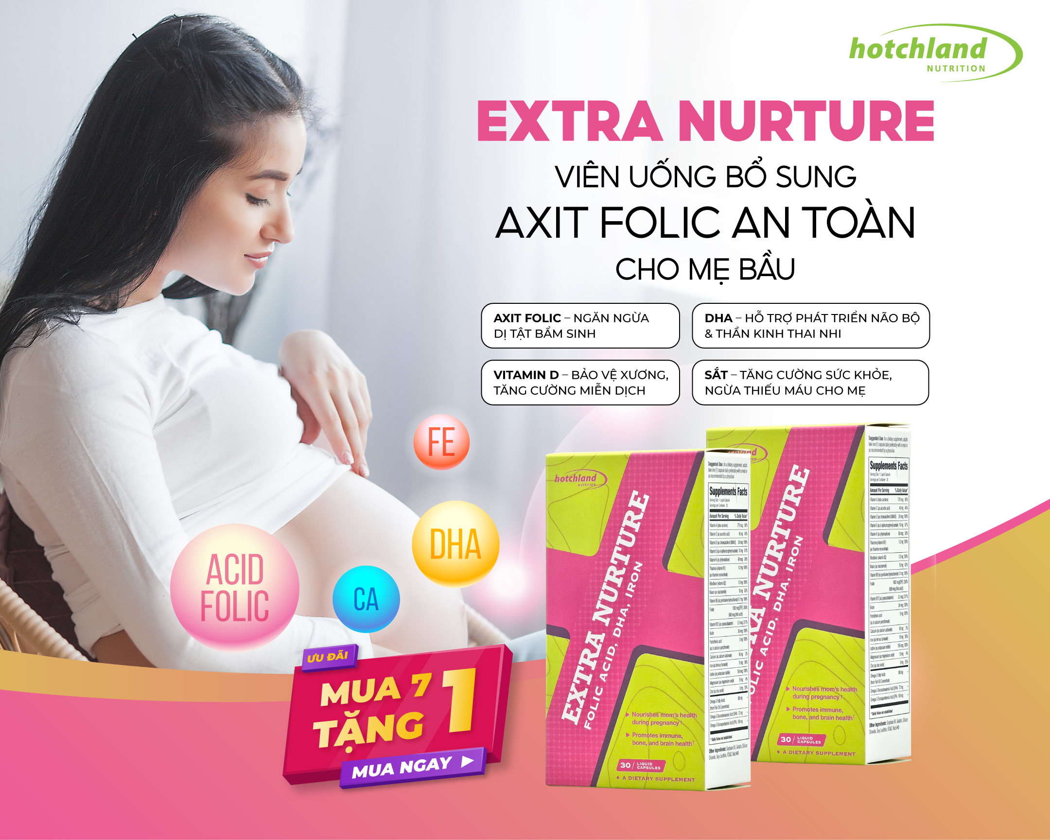 Viên uống Hotchland Extra Nurture bổ sung acid folic, sắt, DHA cho mẹ bầu