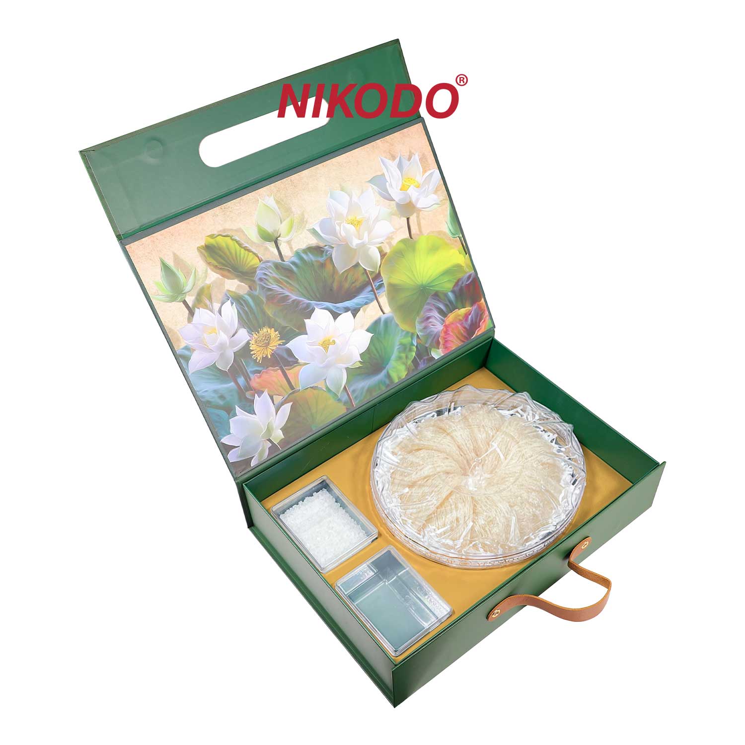 HỘP QUÀ/HỘP YẾN BẠCH LIÊN HOA - QUAI DA (Khay hoa mai/ Không túi)