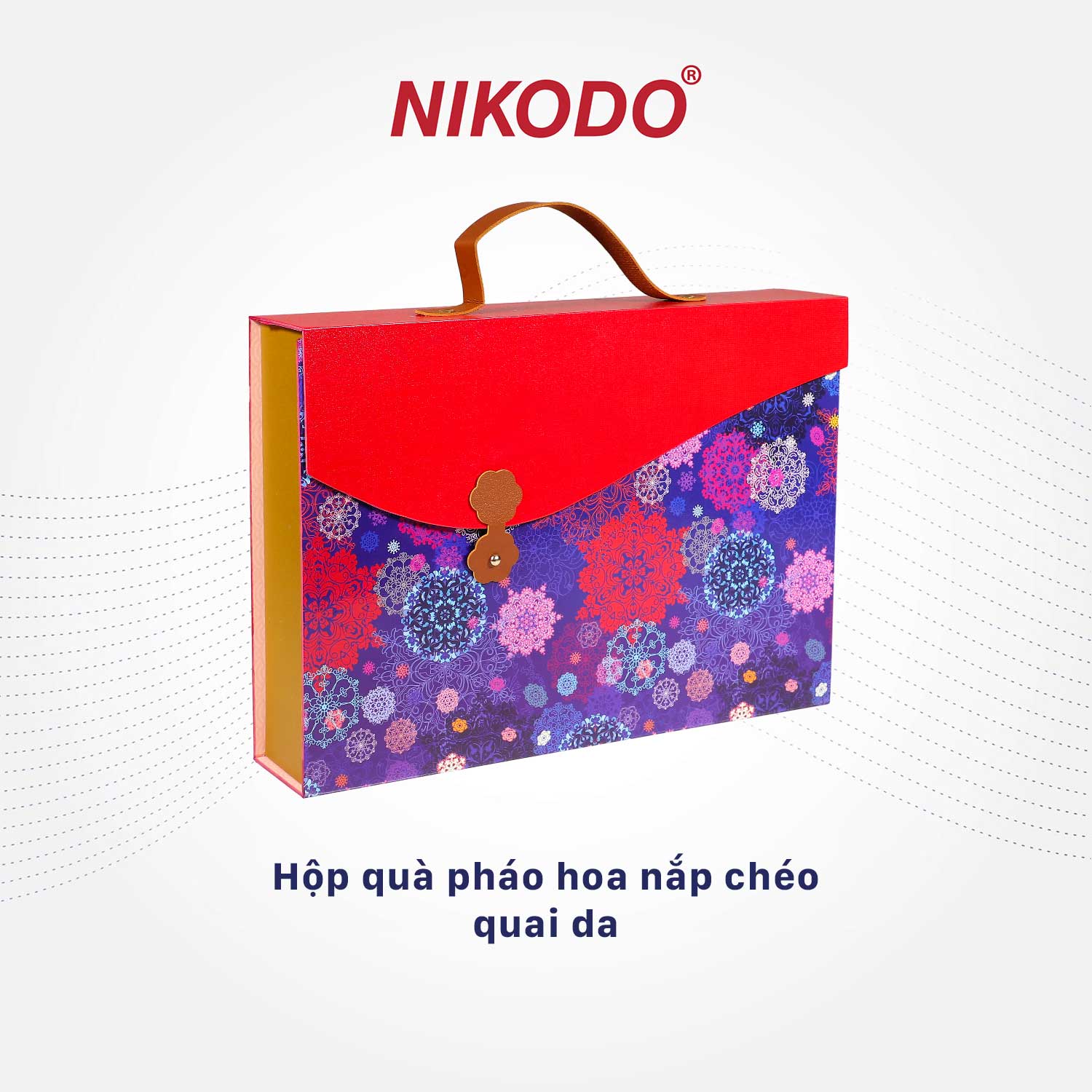 HỘP QUÀ/HỘP YẾN PHÁO HOA NẮP CHÉO - QUAI DA (Khay hoa mai/ Không túi)