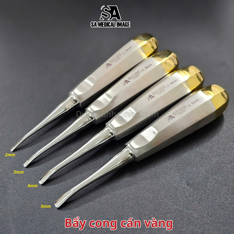 Bẩy cong cán vàng nhổ răng 2mm, 3mm, 4mm, 5mm