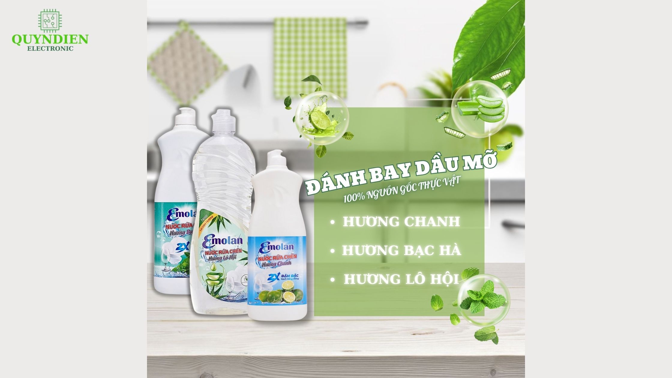 Nước rửa chén EMOLAN với hương chanh, bạc hà, lô hội – sạch nhanh, an toàn, lưu hương tự nhiên sau mỗi lần rửa.