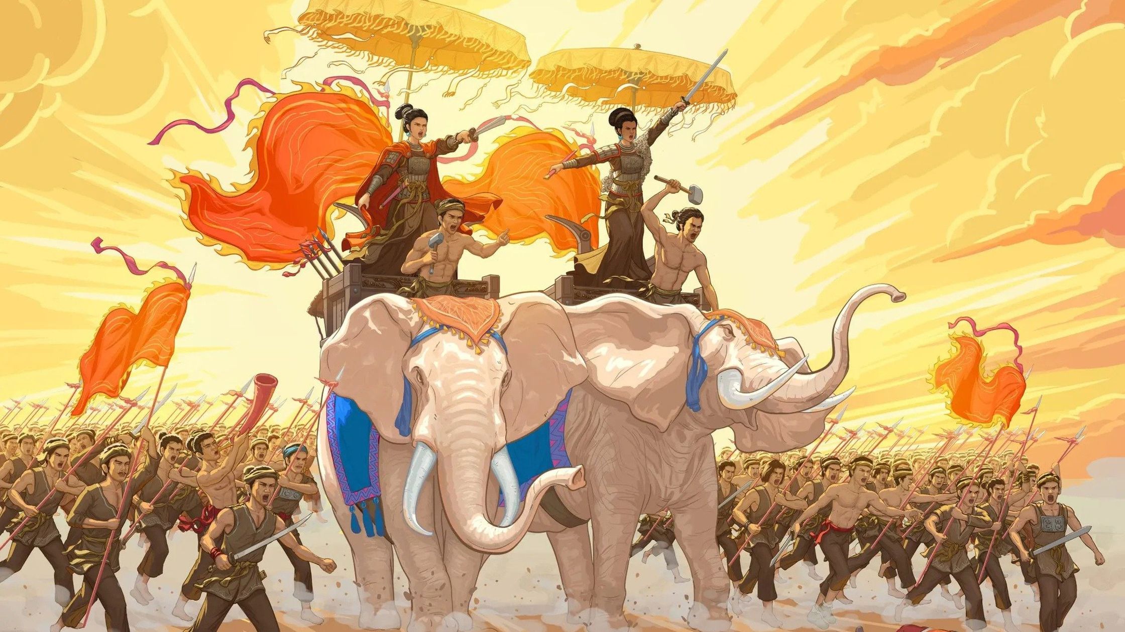 Tái hiện cảnh Hai Bà Trưng cưỡi voi ra trận cùng đoàn quân khởi nghĩa.