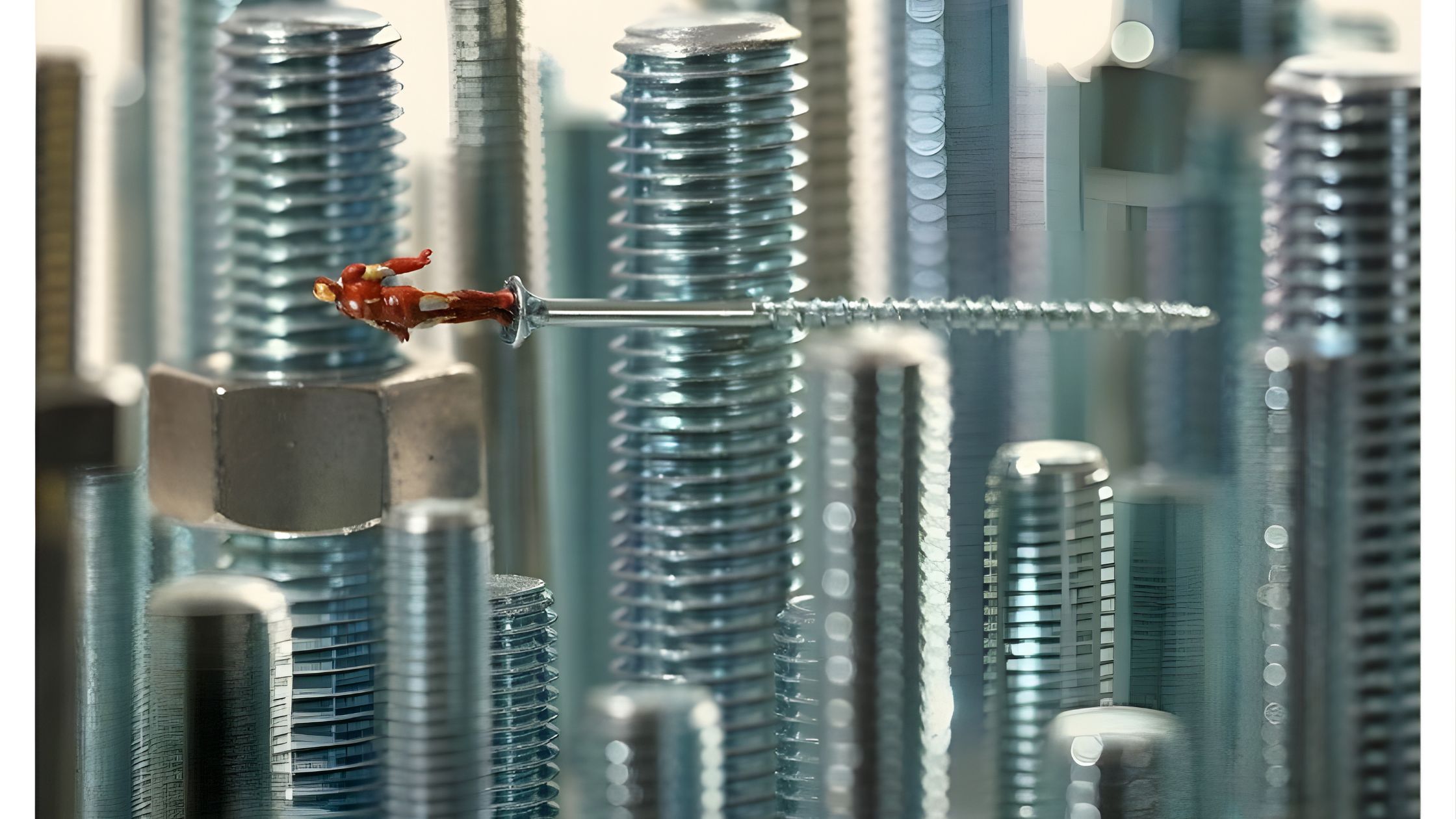 Hình ảnh sáng tạo mô phỏng “thành phố bu lông” – biểu tượng cho sức mạnh và độ bền của các mối liên kết cơ khí.