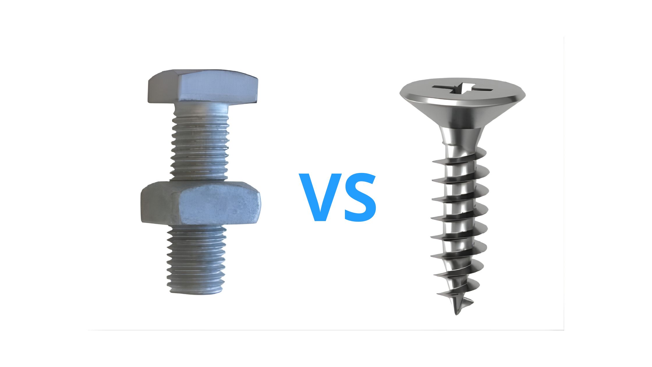 So sánh trực quan giữa bu lông có ê-cu và vít tự ren – hai giải pháp cố định được dùng trong các ứng dụng khác nhau.