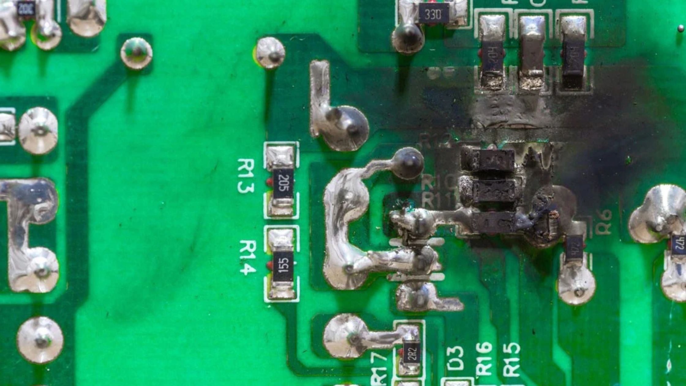 Bo mạch bị cháy linh kiện – nguyên nhân thường do ẩm, bụi và không phủ keo bảo vệ.