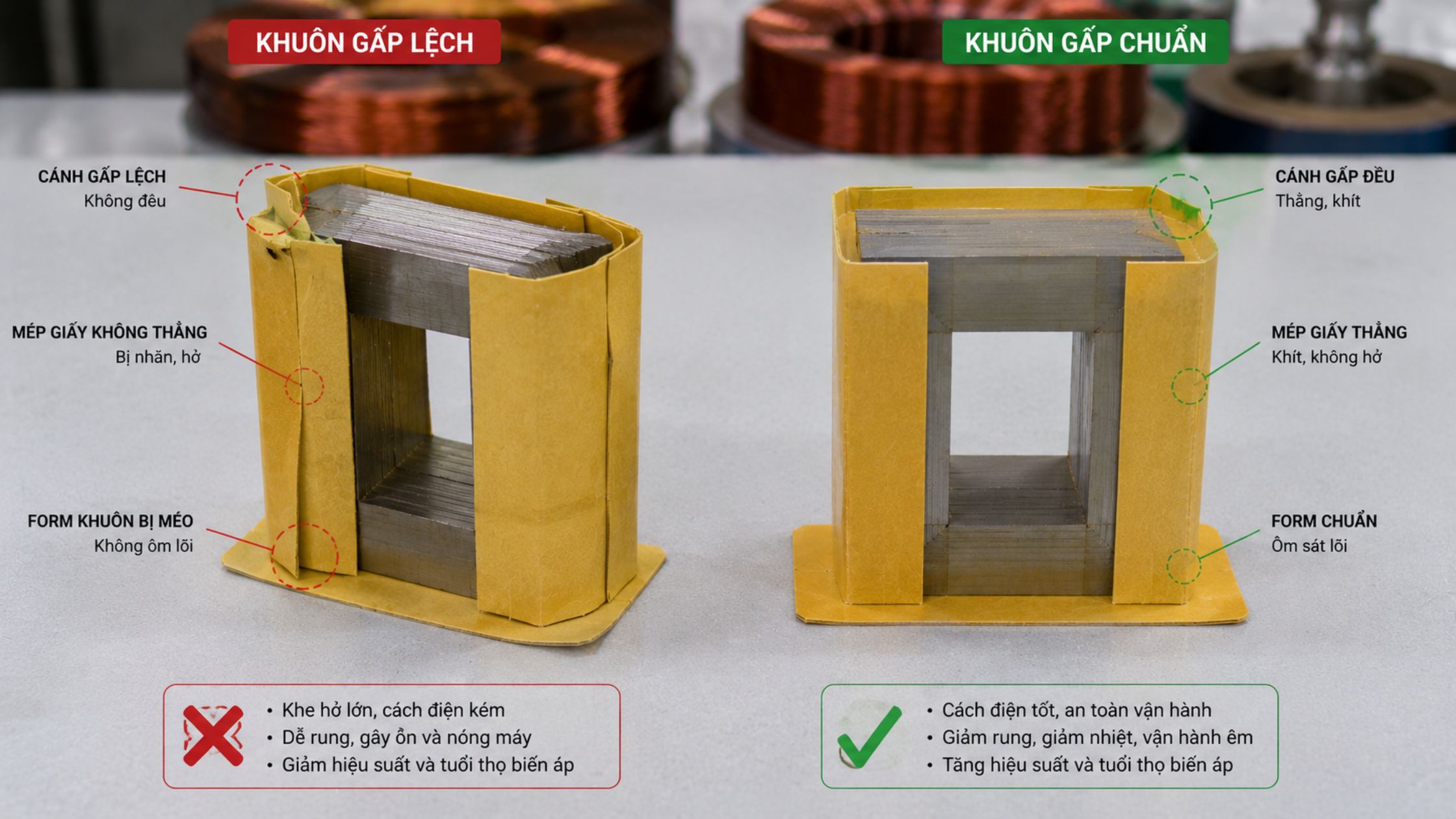 Gấp sai góc khiến khuôn biến áp bị méo form, lệch mép