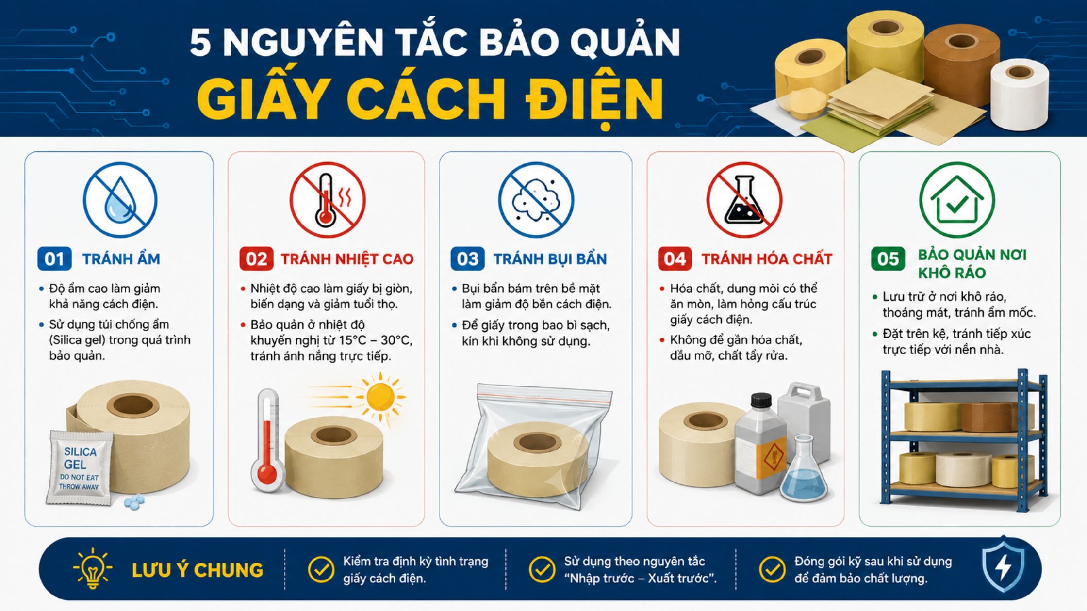 Bảo quản đúng giúp giấy cách điện giữ được độ bền và khả năng cách điện.