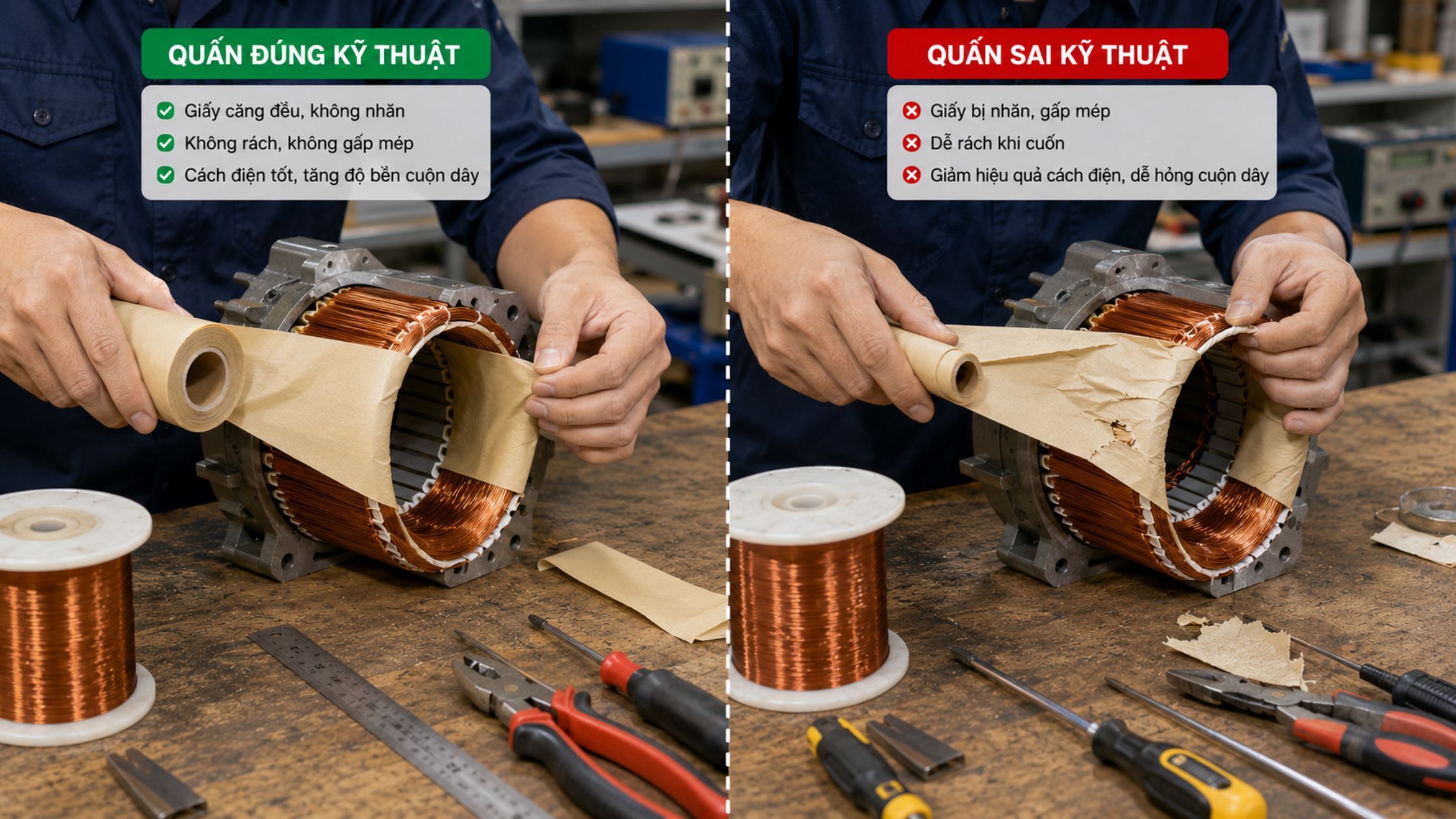 Lực cuốn giấy cần vừa đủ để giấy ôm sát nhưng không bị rách hoặc nhăn.